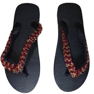 Beaded Flip Flops for Women Summer Style Sandals - (Red, Brown)